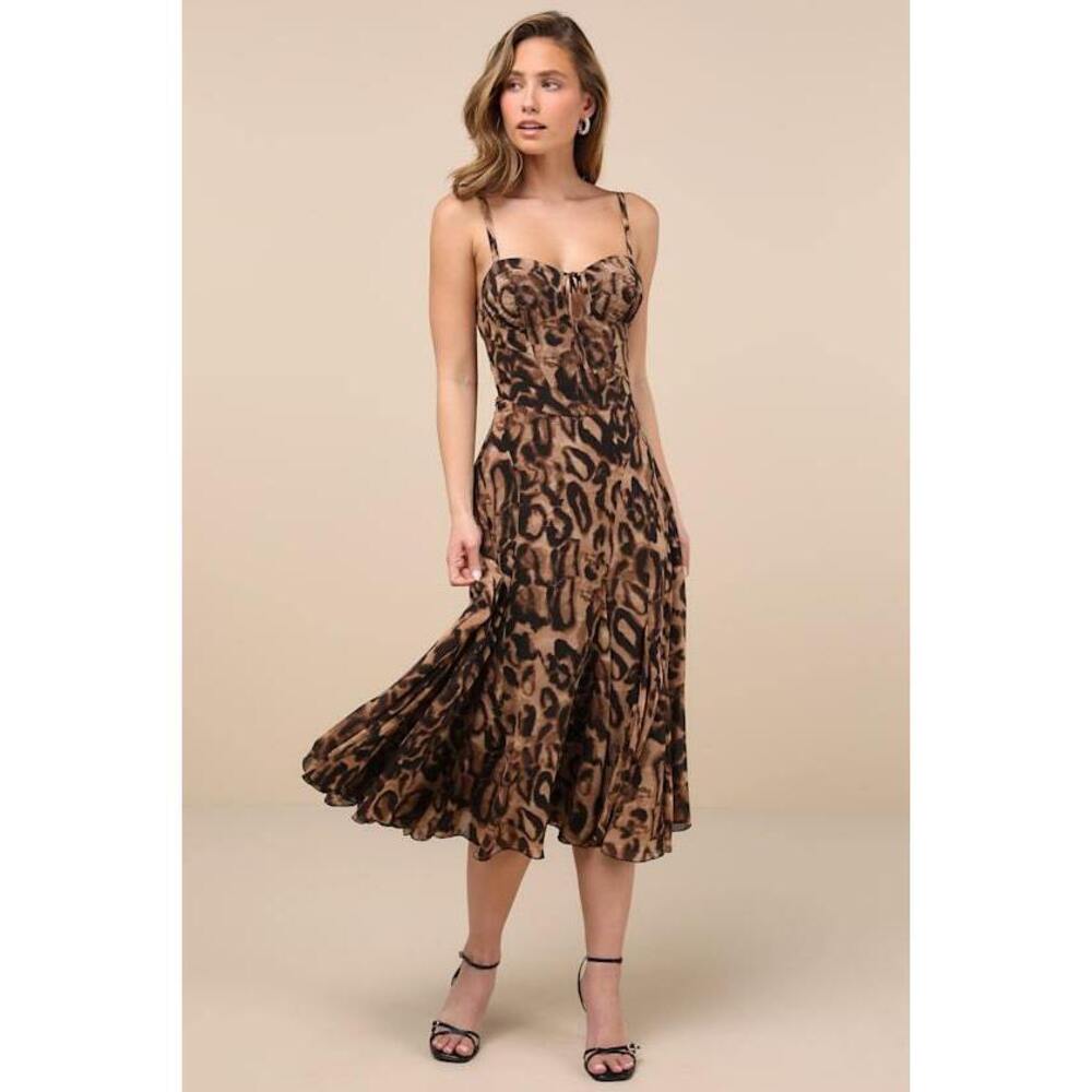 Lulus Enticing Invite Brown Leopard Print Pleated Midi Dress - Size L